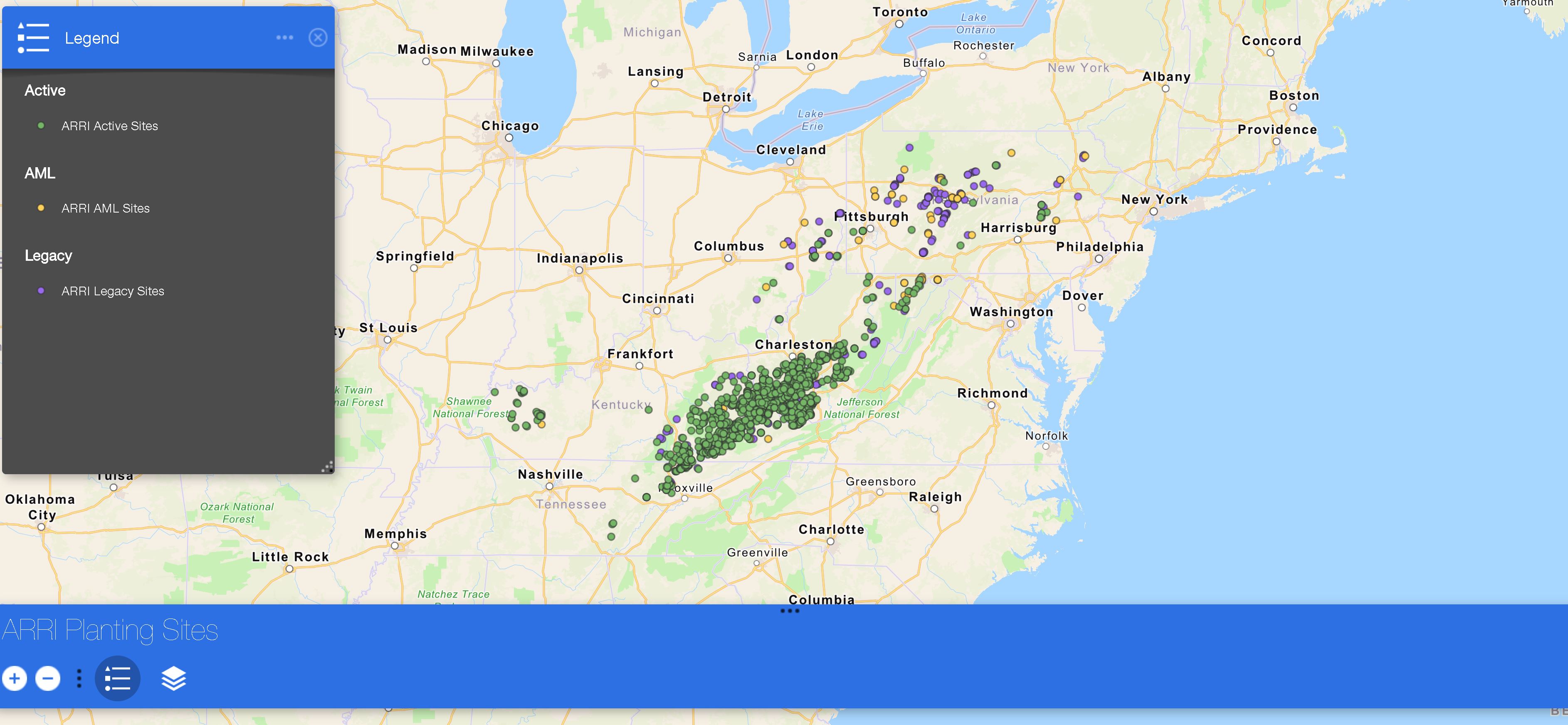 Map image showing ARRI's planting sites in Appalachian Regions 1 and 2 using the Forestry Reclamation Approach