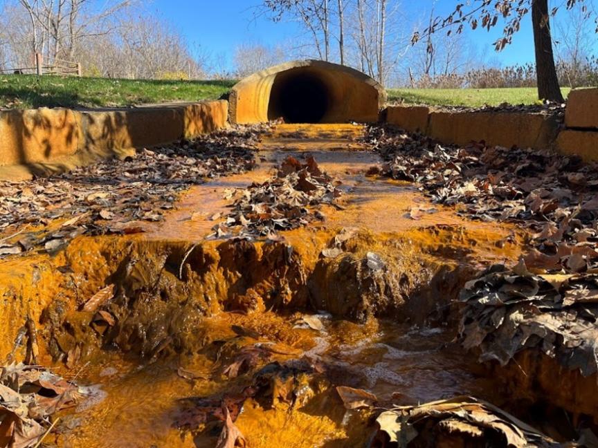 Orange water affected by acid mine drainage flows from a culvert at the Consolidated Coal No. 15 mine site, Illinois, November 10, 2022. Acid mine drainage is a reaction of water exposed to pyrite found in coal mines. When untreated, AMD water flows into local watersheds and detrimentally impacts the waterway’s ecology. (Courtesy photo by Amanda Pankau, Prairie Rivers Network) 