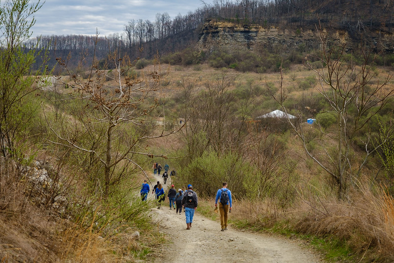 Students from the University of Kentucky traverse the 94-acre site in order to reforest a reclaimed surface mine site in Leslie County, Kentucky (Photo credit: Matt Barton/Green Forests Work).