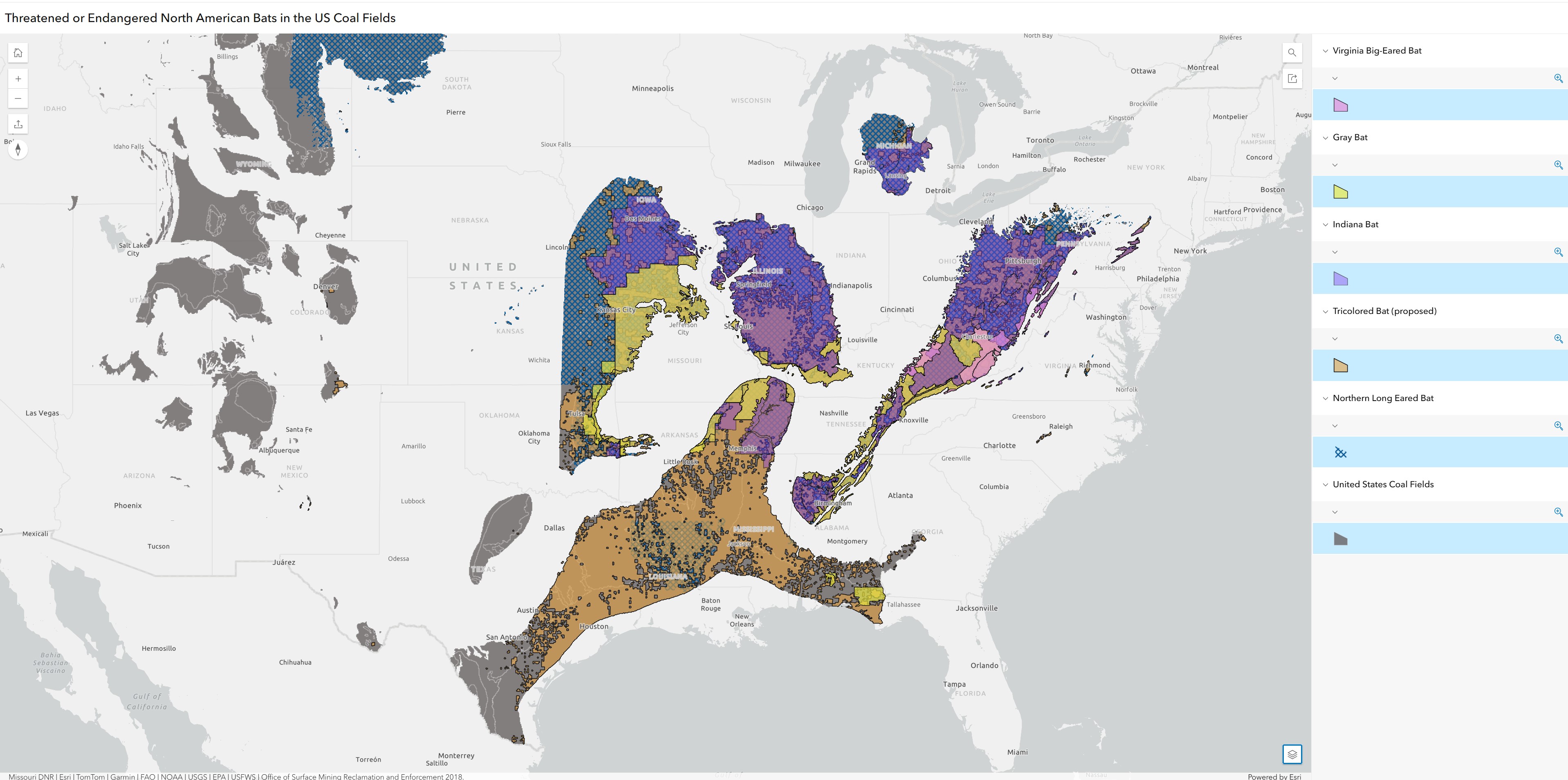 This web application allows users to pan and zoom into the area of interest to look at the bat species ranges within the US coal fields. There are five bat species included on the map; these species are considered endangered or proposed endangered. This web map application is for educational use only. Any questions regarding the web map application should be directed to the OSMRE Office of Communications.