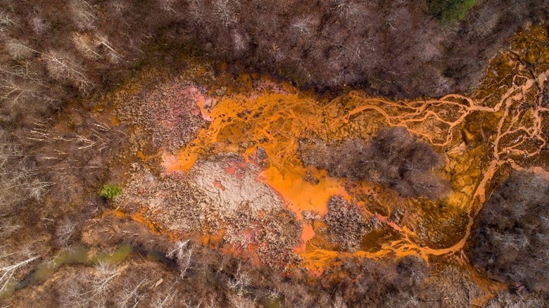 Acid Mine Drainage site in Oreton, Ohio. Ohio has more than 1,300 stream miles polluted with heavy metals from acid mine drainage.  ©2018 Ohio University. All rights reserved/ Photo by Ben Siegel