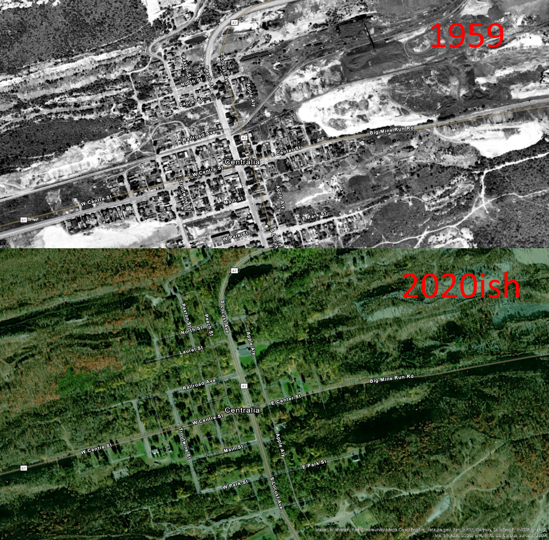 This image shows the before and after view of the town of Centralia, Columbia County, Pennsylvania.  The top half of the image shows a black and white aerial photo from 1959 where the town spreads across the valley with various neighborhoods.  Many residential structures are in town and to the east and west are coal mines where many of the residents work.  THE bottom image shows an aerial image from 2020 after the town was evacuated.  The image is green and appears that nature has overgrown the town.  Residential structures and town buildings are not gone. 