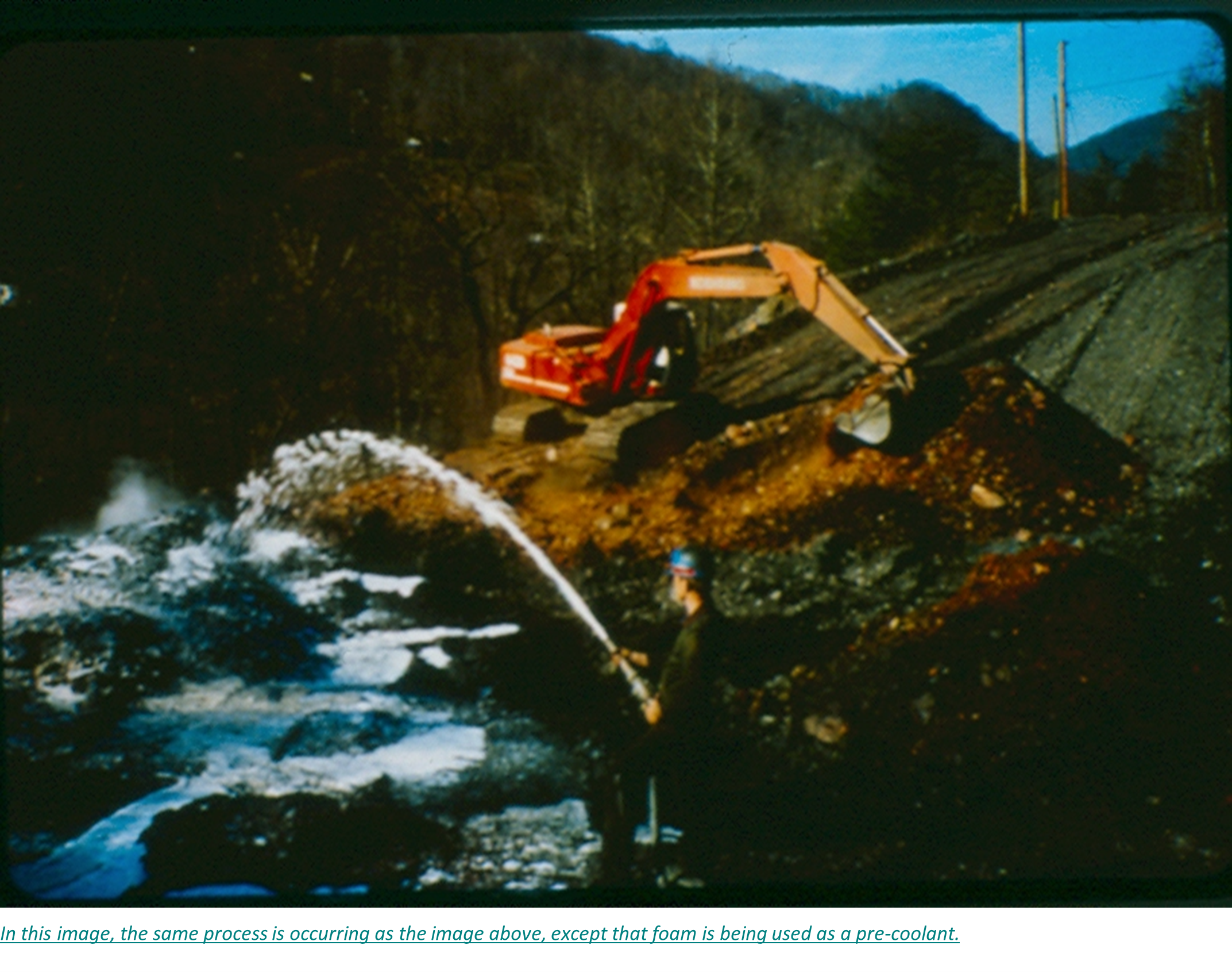 In this image, the same process is occurring as the image above, except that foam is being used as a pre-coolant.