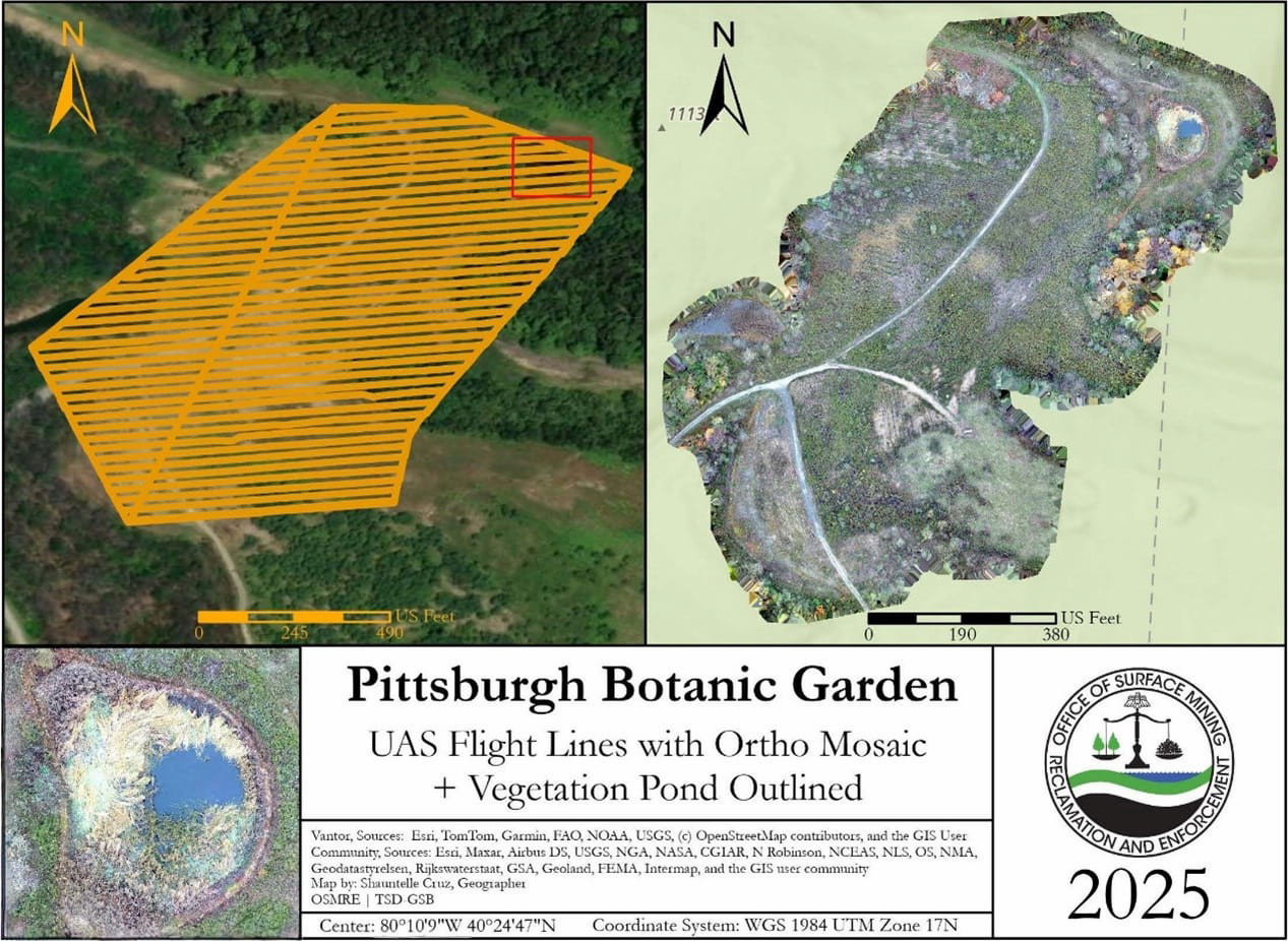 An overhead photo of a forested area showing the organized flight pattern of the drone on top of an irregular polygon. Compared to an close up photo of the scanned area that shows roads, plants, and trees.