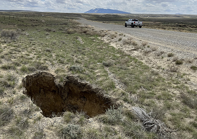 Subsidence along Carbon County Road 297 in Carbon County, Wyoming. Photo courtesy of Wyoming Department of Environmental Quality Abandoned Mine Land Division.